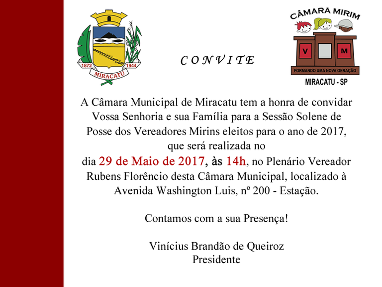 Convite Cerimônia De Posse Vereadores Mirins — Câmara Municipal 1818